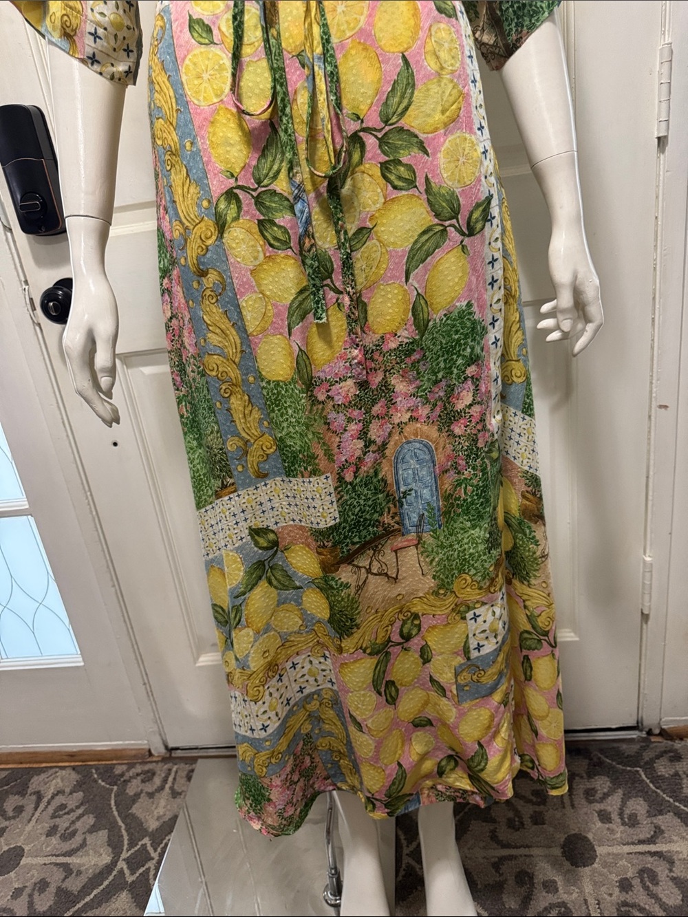 Aldo Martins Abstract Print Knit Tie Waist Midi Cardigan Dress Floral Lemons O/S - Picture 8 of 16